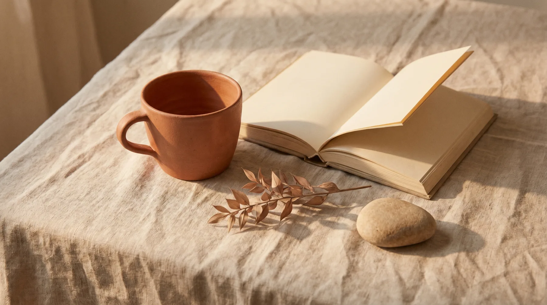 A warm still life — ceramic cup, an open book, and dried botanicals on linen