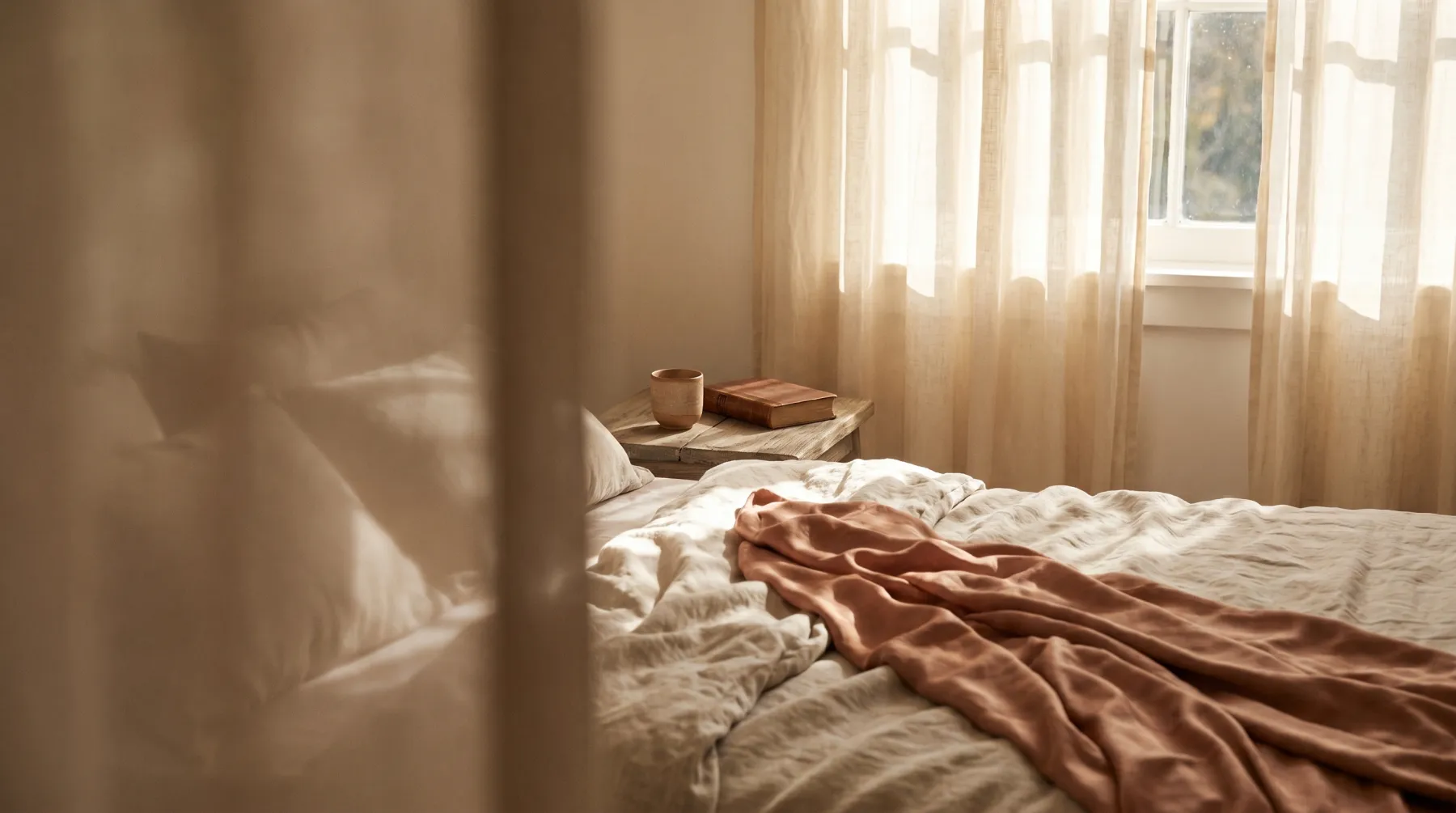 Soft morning light across natural linen — a calm, intimate space